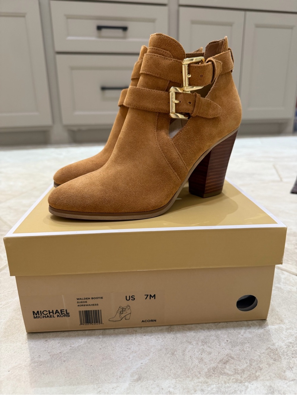 Michael Kors Suede Ankle Booties in Acorn Brown with Gold Buckles - Picture 3 of 7